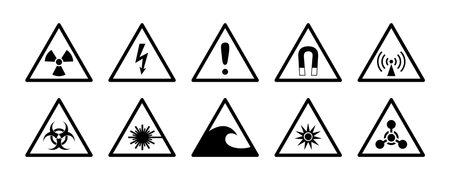 Danger signs and symbols set. Informing about risks and precautions. Triangle pictogram, icons for radiation, biological and chemical hazards. Symbol, sign of high voltage and radio emission, etc.のイラスト素材