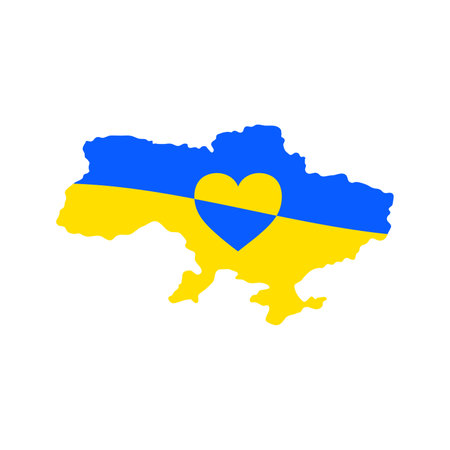 Ukrainian map flag in blue yellow colors with hearts on it. Stop war and pray for Ukraine, geopolitics theme. Support Ukraine, patriotic love concept. Russian Ukrainian military conflict symbol sign.のイラスト素材