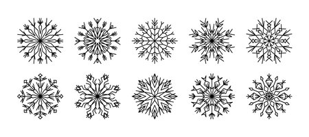 Snowflake line icons winter vector illustration. Design element for new year, christmas cards. Set outline snow flakes for winter design. Collection line art snowflakes isolated on white background.のイラスト素材