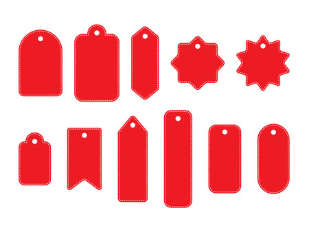 Set of red labels, blank sale tags with white dotted line. Empty red price tags or gift tags in different geometric shapes. Special offer, shopping discount label collection, for Christmas gifts.のイラスト素材