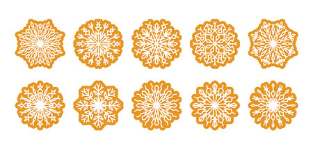 Christmas cookies in form of snowflakes for winter holidays. Gingerbread snow flakes, winter sweets, New Year's Eve. Christmas gingerbread vector illustrations, isolated on white background.のイラスト素材