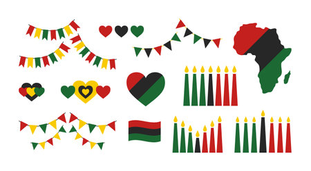 Set of decorative festive elements for Kwanzaa festival. African American traditions and culture, signs and symbols - candles, pennants, hearts, map of Africa. Happy Kwanzaa. African American festivalのイラスト素材