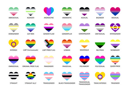 Large set of lgbtq flags in heart shape. LGBT Pride Month illustrations, LGBTQ concept. Gender equality and sexual identity, support for homosexuality. Heart icons set for International lgbt Pride Dayのイラスト素材