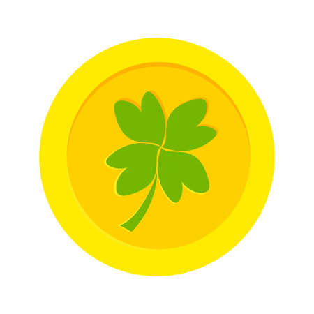 Irish gold coin with clover on St. Patrick Day. Traditional clover leaf on money symbol. Irish coin icon for Saint Patrick's Day. Decorative financial element for Ireland invitation or postcard.のイラスト素材