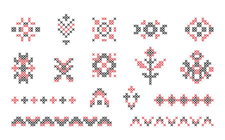 Set illustrations of red and black embroidery. Embroidered pattern, decorative element. Traditional...
