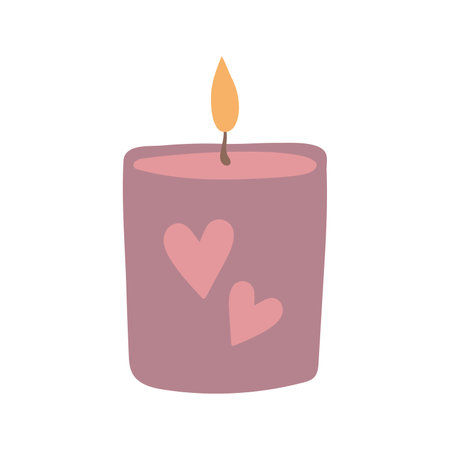 Valentine's day illustration burning candle decorative element. Romantic love icon in flat style.Vector illustration, isolated on white background. Valentines Day cute candle with hearts, candlelight.のイラスト素材