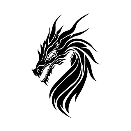 Black dragon illustration. Cut out isolated vector image, dragon head silhouette. Sketch for tattoo. Symbol of New Year 2024. Chinese dragon, fairy and fantastic serpent, fantazy monster, for cricutのイラスト素材