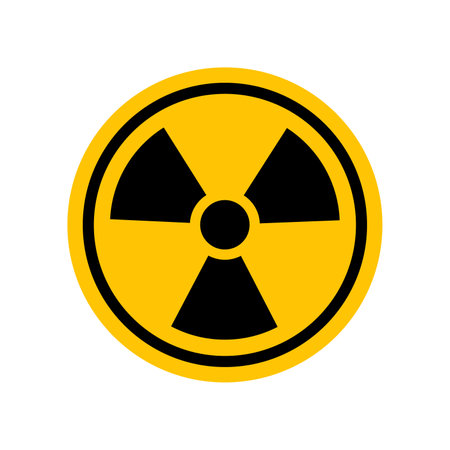 Ionizing radiation sign. Black danger icon on yellow round symbol. Illustration of radiation. Hazard symbol. Danger pictogram, circle warning sign icon. Informing about different risk and caution.のイラスト素材