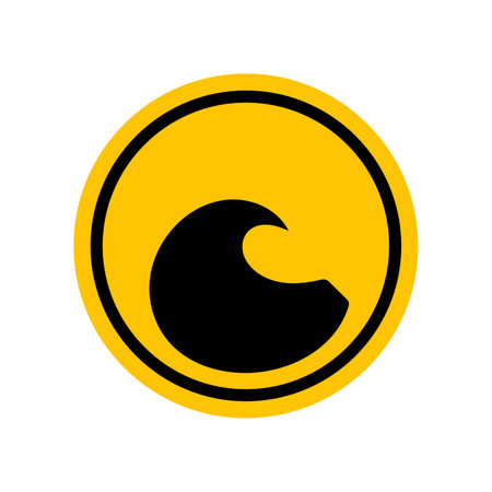 Tsunami sign. Black danger icon on yellow round symbol. Vector illustration of tsunami disaster. Hazard symbol. Danger pictogram, circle warning sign icon. Informing about different risk and caution.のイラスト素材