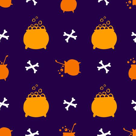 Halloween scary pattern, colorful witch magic print. Autumn wallpaper or party background - for fabric, for textiles, for wrapping paper. Halloween seamless pattern with simple magical silhouettesのイラスト素材