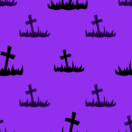 Halloween scary pattern, colorful print with grave crosses. Autumn wallpaper or party background - for fabric, for textiles, for wrapping paper. Halloween seamless pattern with simple silhouettes.のイラスト素材