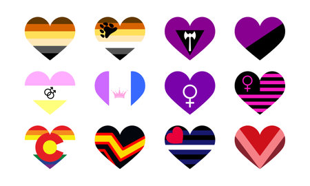 Set of lgbtq flags. LGBT Pride Month illustrations, LGBTQ concept. Gender equality and sexual identity, support for homosexuality. Heart flag icons set for International lgbt Pride Day.のイラスト素材