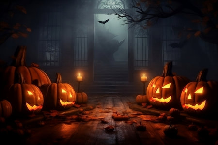 Halloween wallpaper or party background. Mystical and magical Halloween backdrop with pumpkins, bright colors. Mysterious atmosphere, festive template, banner or poster.の素材