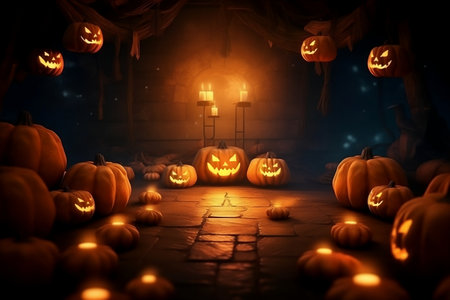 Halloween wallpaper or party background. Mystical and magical Halloween backdrop with pumpkins, bright colors. Mysterious atmosphere, festive template, banner or poster.の素材