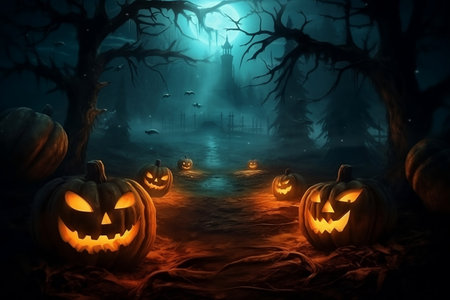 Halloween wallpaper or party background. Mystical and magical Halloween backdrop with pumpkins, bright colors. Mysterious atmosphere, festive template, banner or poster.の素材