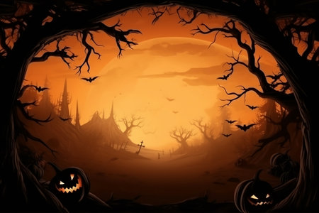 Halloween wallpaper or party background. Mystical and magical Halloween backdrop with pumpkins, bright colors. Mysterious atmosphere, festive template, banner or poster.の素材