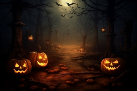 Halloween wallpaper or party background. Mystical and magical Halloween backdrop with pumpkins, bright colors. Mysterious atmosphere, festive template, banner or poster.の素材