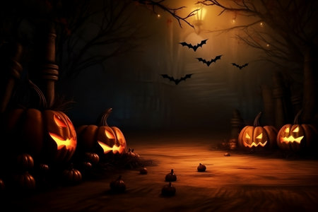 Halloween wallpaper or party background. Mystical and magical Halloween backdrop with pumpkins, bright colors. Mysterious atmosphere, festive template, banner or poster.の素材