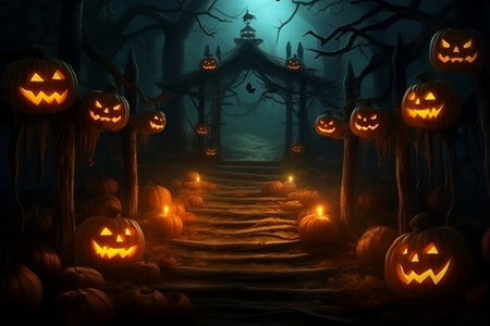 Halloween wallpaper or party background. Mystical and magical Halloween backdrop with pumpkins, bright colors. Mysterious atmosphere, festive template, banner or poster.の素材