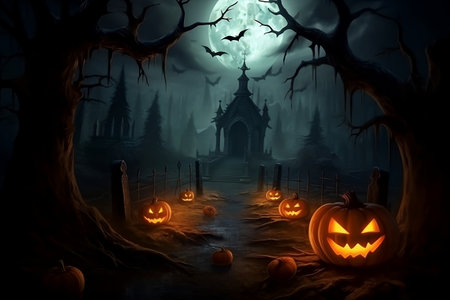 Halloween wallpaper or party background. Mystical and magical Halloween backdrop with pumpkins, bright colors. Mysterious atmosphere, festive template, banner or poster.の素材