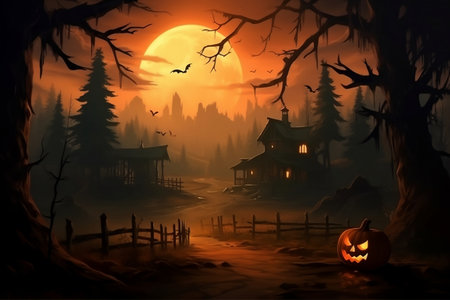 Halloween wallpaper or party background. Mystical and magical Halloween backdrop with pumpkins, bright colors. Mysterious atmosphere, festive template, banner or poster.の素材