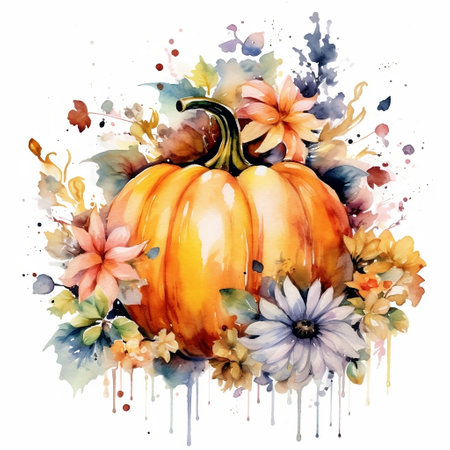 Watercolor pumpkin composition, Halloween clip art, autumn harvest design element. Pumpkin with flowers illustration. Perfect graphic for Thanksgiving day, Halloween, greeting cards. AI generated.の素材