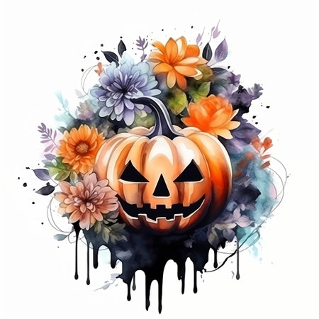 Watercolor scary pumpkin in flowers. Happy Halloween holiday, Jack O Lantern illustration. Orange pumpkin with scary smile. Traditional decorative element for festive design, decor. AI generated.の素材