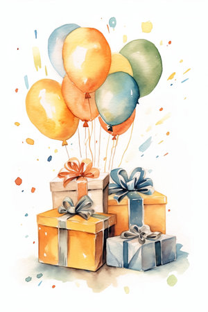 Happy birthday greeting card in watercolor style with festive gifts and balloons. Watercolor Birthday invitation illustration.の素材