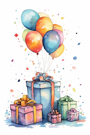 Happy birthday greeting card in watercolor style with festive gifts and balloons. Watercolor Birthday invitation illustration.の素材