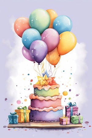 Happy birthday greeting card in watercolor style with festive cake, gifts and balloons. Watercolor Birthday invitation illustration.の素材