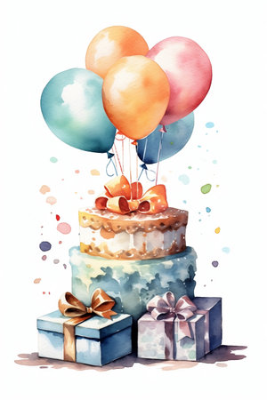 Happy birthday greeting card in watercolor style with festive cake, gifts and balloons. Watercolor Birthday invitation illustration.の素材