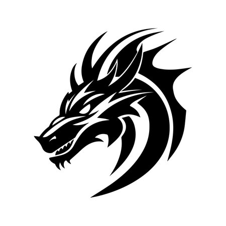 Black dragon illustration. Isolated vector image, dragon head silhouette. Sketch for tattoo. Symbol of New Year 2024. Chinese dragon, fairy and fantastic serpent, fantazy monster, for cricutのイラスト素材