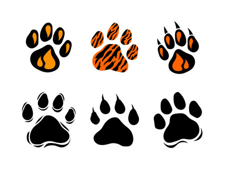 Paw prints set. World tiger day. Wildlife, tiger paw prints. Vector animal prints silhouette, isolated illustration for animal protection theme, homeless animal shelters. World wildlife day.のイラスト素材