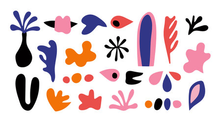 Set trendy matisse inspired elements, shapeless forms, abstract shapes for create modern design. Collection of hand drawn decorative elements, matisse bundle for create stylish collage, organic shapesのイラスト素材