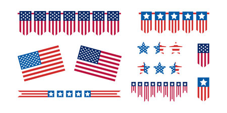 United States decorative elements set. USA flags decorations. Memorial Day, US set for American national holiday. Veterans day USA set. Bunting flags and stars. Labor Day illustrations.のイラスト素材
