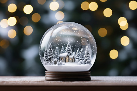 Magical glass snow globe on wooden table. Winter decoration, Christmas glass ball on bokeh background of light reflections, festive atmosphere. AI Generated.の素材
