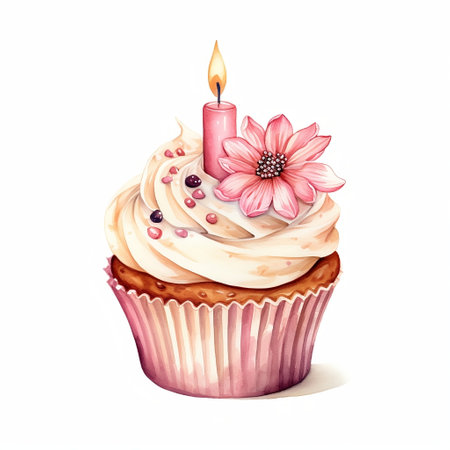 Watercolor Birthday cupcake with flowers and candle isolated on white background. Hand drawn illustration of sweet festive muffin with one candle. Birthday concept. AI Generated.の素材