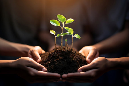 People holding young plant in hands. Earth day ecology concept. Unity of people in their hands protecting small sprout. Birth of a new life, protection of nature and environment. AI Generated.の素材