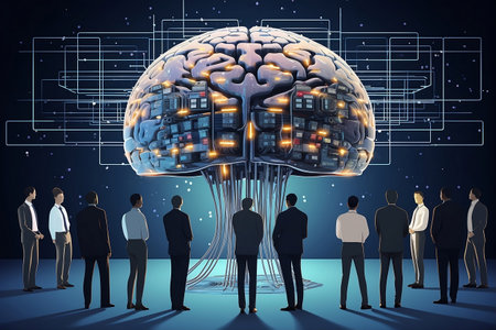 Humans vs Robots. People looking at gigant human brain with AI details. AI artificial intelligence and human intelligence. Concept business tehnology illustration. Flat design. AI Generated.の素材