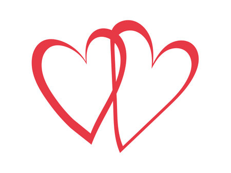 Red hearts, love theme. Romantic decorative element for postcards, invitations, Wedding or Anniversary. Symbol or sign of love, friendship and care, hand draawn two hearts icon. Isolated heart doodle.のイラスト素材