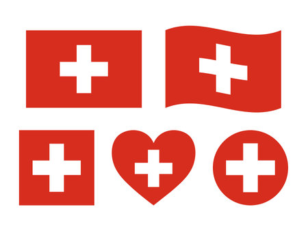 Switzerland flag signs set. Swiss heart shape, square shape decorative element. Independence Day of Switzerland. National symbols for Swiss holidays - round flag, circle emblemのイラスト素材