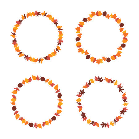 Fall round frames from autumn botanical leaves. Set of autumn leaves circle frame, herbal elements. Fall orange leaves. Can be used as decorations for Back to School, Halloween or Thanksgiving.のイラスト素材