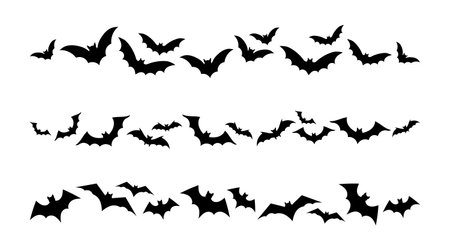 Set bats border lines. Vector illustration, traditional Halloween decorative elements. Halloween silhouettes black flying bats pattern lines - for design decor.のイラスト素材