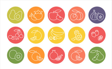 Set round fruit icons. Vector circle buttons of fruits and berries in color block style. Concept of proper nutrition and healthy food. Colorful vegetarian vegan food icons for site or mobile app.のイラスト素材