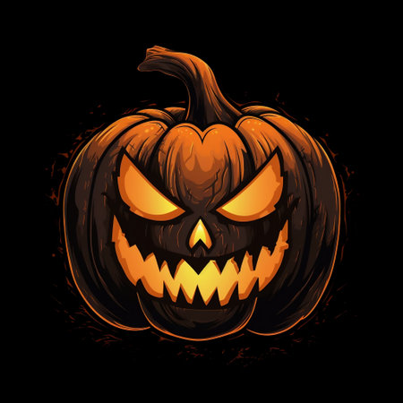 Scary Jack O Lantern on black background. Halloween decorative element, spooky pumpkin character with scary smile on face. Halloween traditional element, trick or treat. AI Generated.の素材