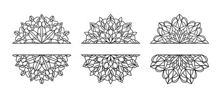 Vector black floral partial mandalas isolated on white background. Set of geometric line flower mandala illustrations. Geometric simple ornaments for adult coloring books, coloring pages, half mandalaのイラスト素材