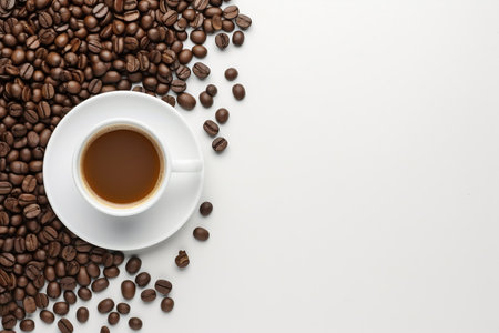 Coffee cup and coffee beans on white background. Top view. Cup of coffee on whgite table and coffee beans scattered chaotically around. Morning boost of energy, coffee drink. AI Generated.の素材