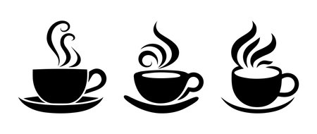 Set of black cup of coffee. Can be used as icon, sign or symbol - coffee silhouette, tea cup logo. Vector illustrations isolated on white background. Cup of hot drink - logo for coffee shop or cafe.のイラスト素材