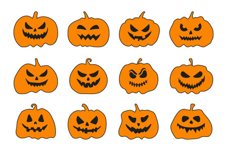 Set funny and scary pumpkins with faces, isolated on white background. Vector illustration, traditional Halloween decorative elements. Halloween silhouettes orange pumpkin character - for design decorのイラスト素材