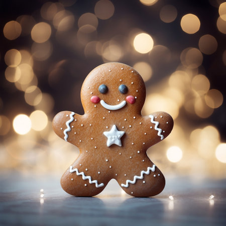 Smiling gingerbread man with lights in background. Christmas and New Year theme. Cute smiling gingerbread man on blurred lights bokeh background. Traditional Christmas cookie. AI Generated.の素材